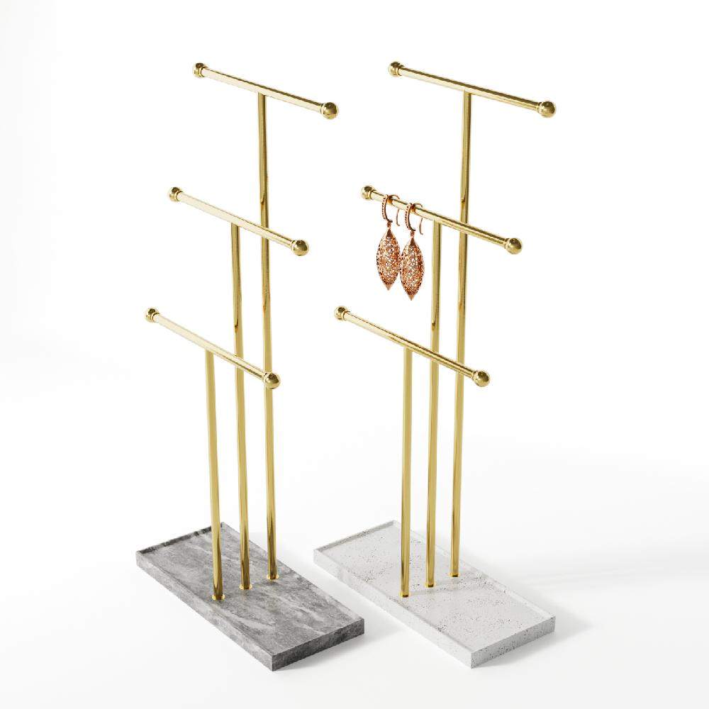Maxey Jewelry Display Stamd Three T-shaped Brass Marble Necklace Ring Earring Display